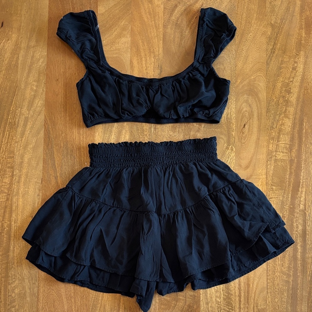 Black Ruffle Two-Piece Crop Top & Skort Set